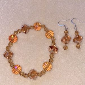 Handmade custom glass bead amber colored matching bracelet and earring set